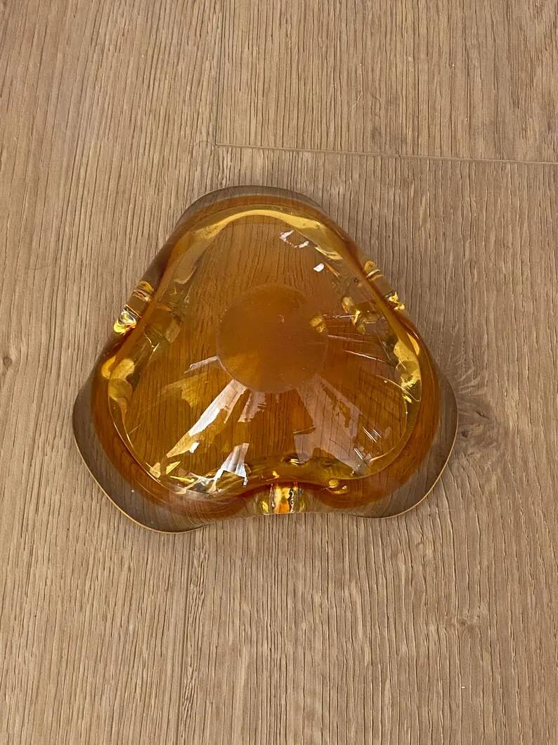 Vintage amber art glass ashtray in Murano style, sculptural free-form hand-blown bowl, glass catchall, Mid-Century Italy.