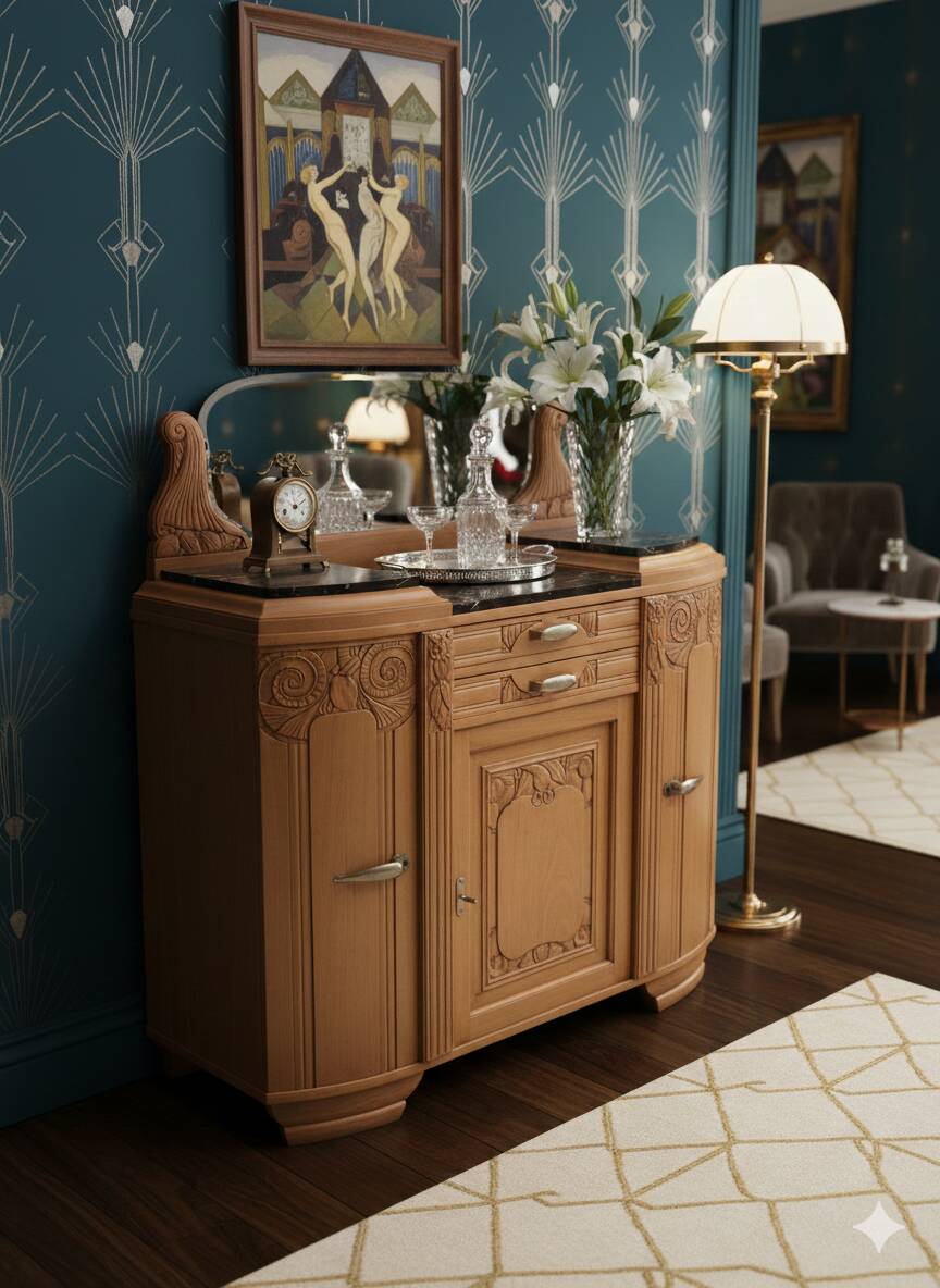 Art Deco Display Buffet in Carved Wood, Black Marble and Bi-Mirror