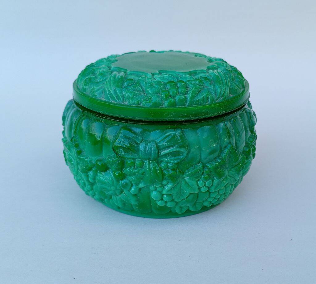 Bohemian handmade malachite glass candy dish or jewelry box.