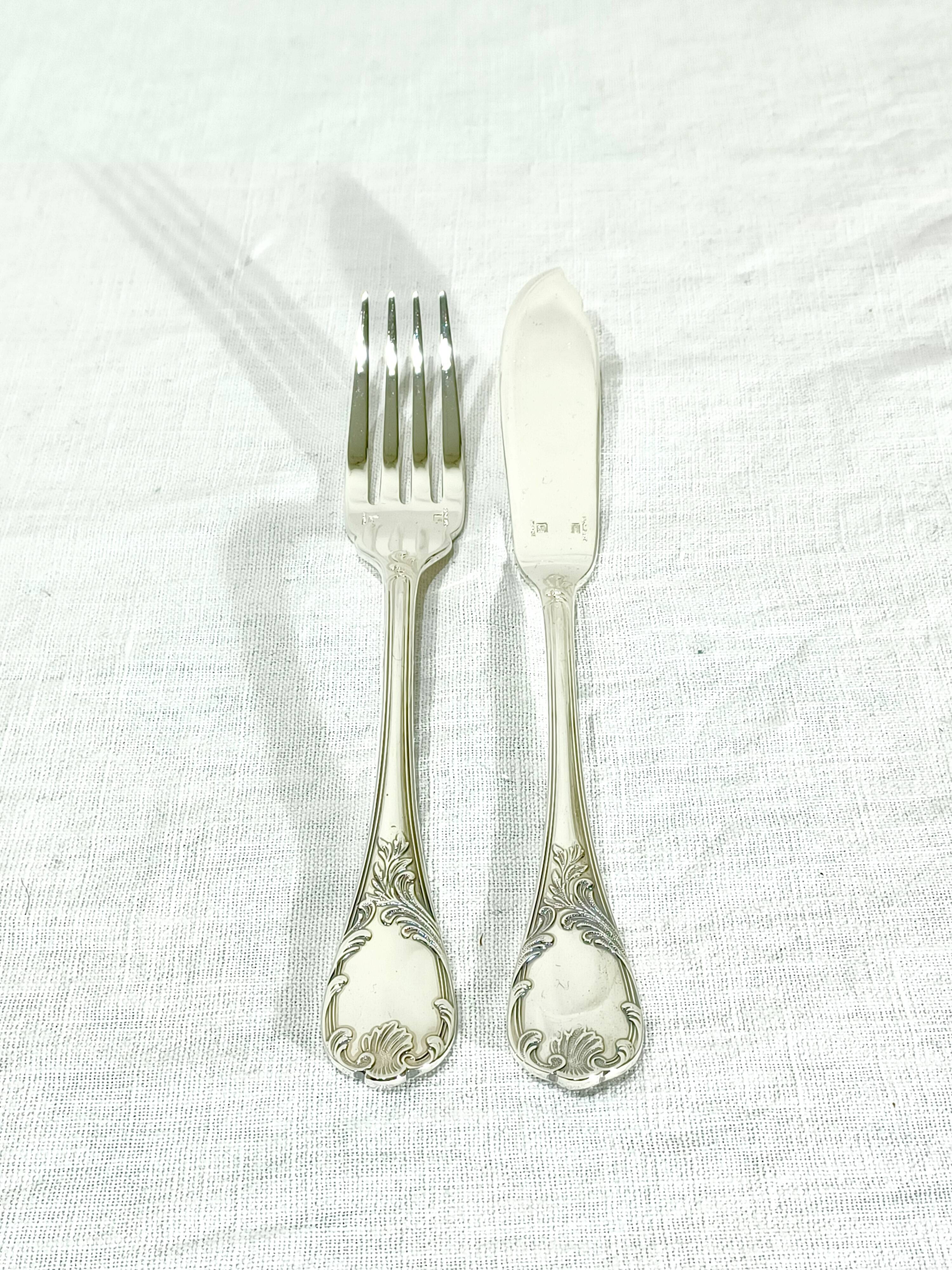 Christofle – 12-piece silver-plated fish cutlery set, Marly model