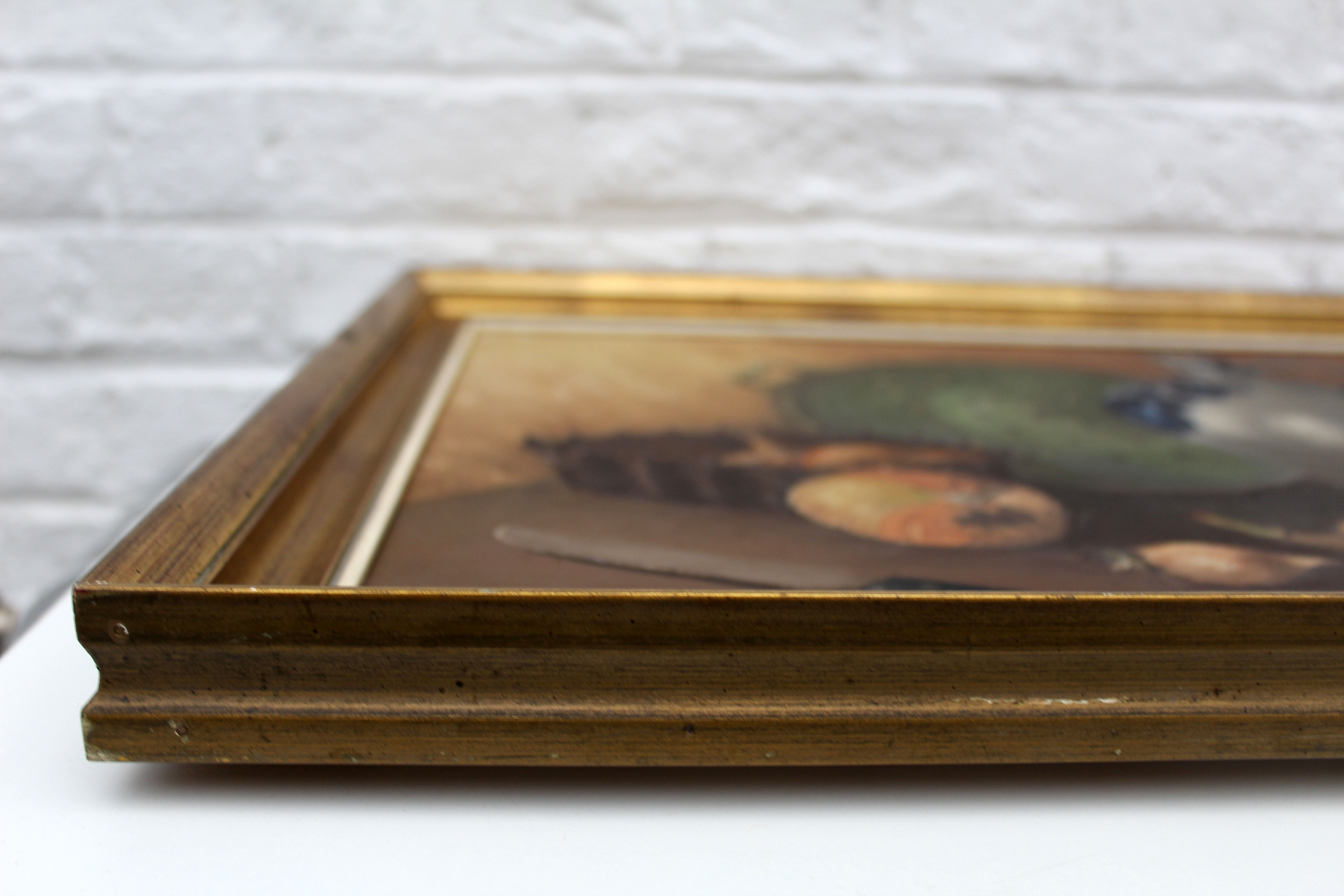 Vintage oil painting on canvas and gold gilded wood frame, still life