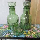 Pair of green decanters and glass