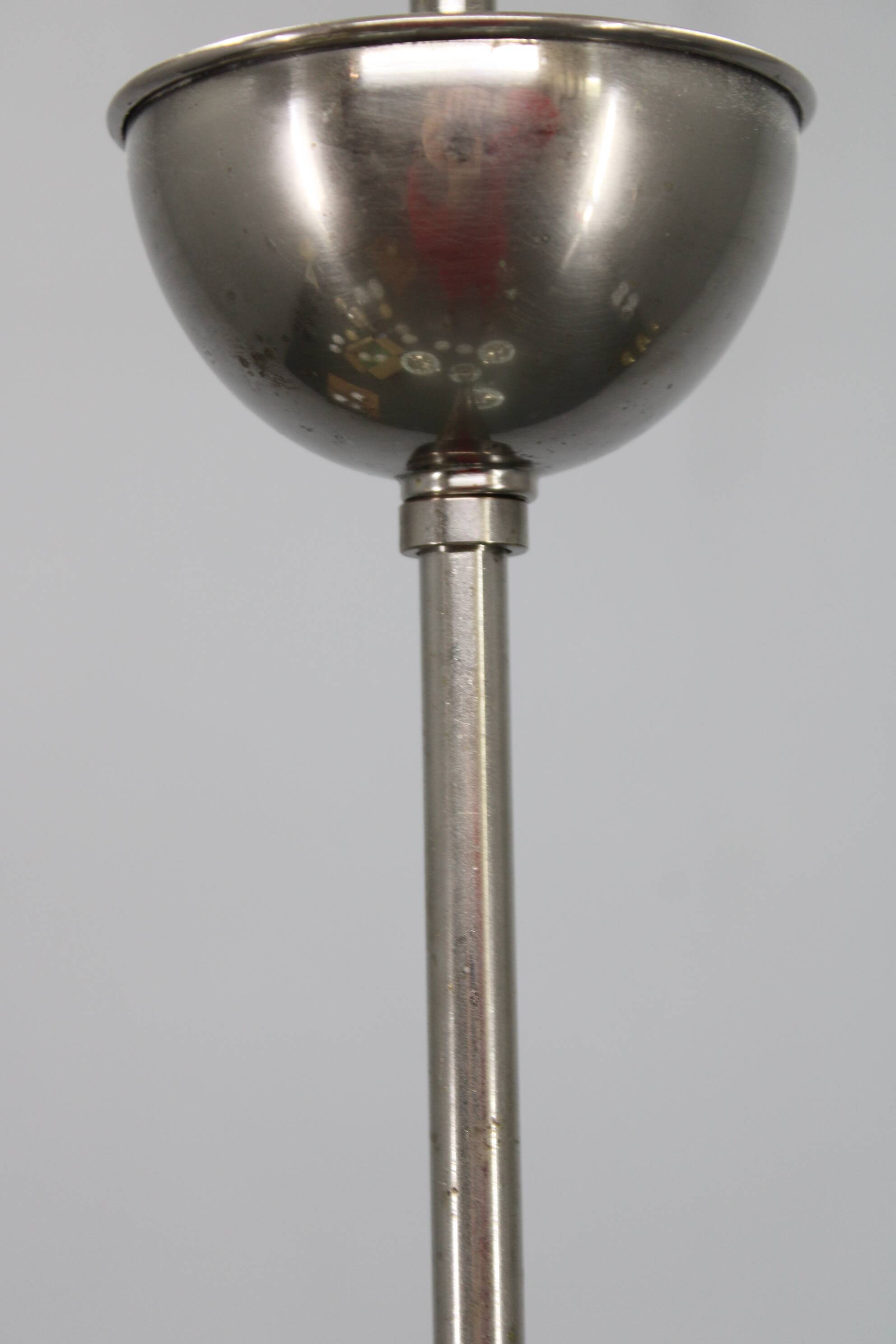 Art Deco nickel chandelier with cylindrical light opaline shades, Czechoslovakia