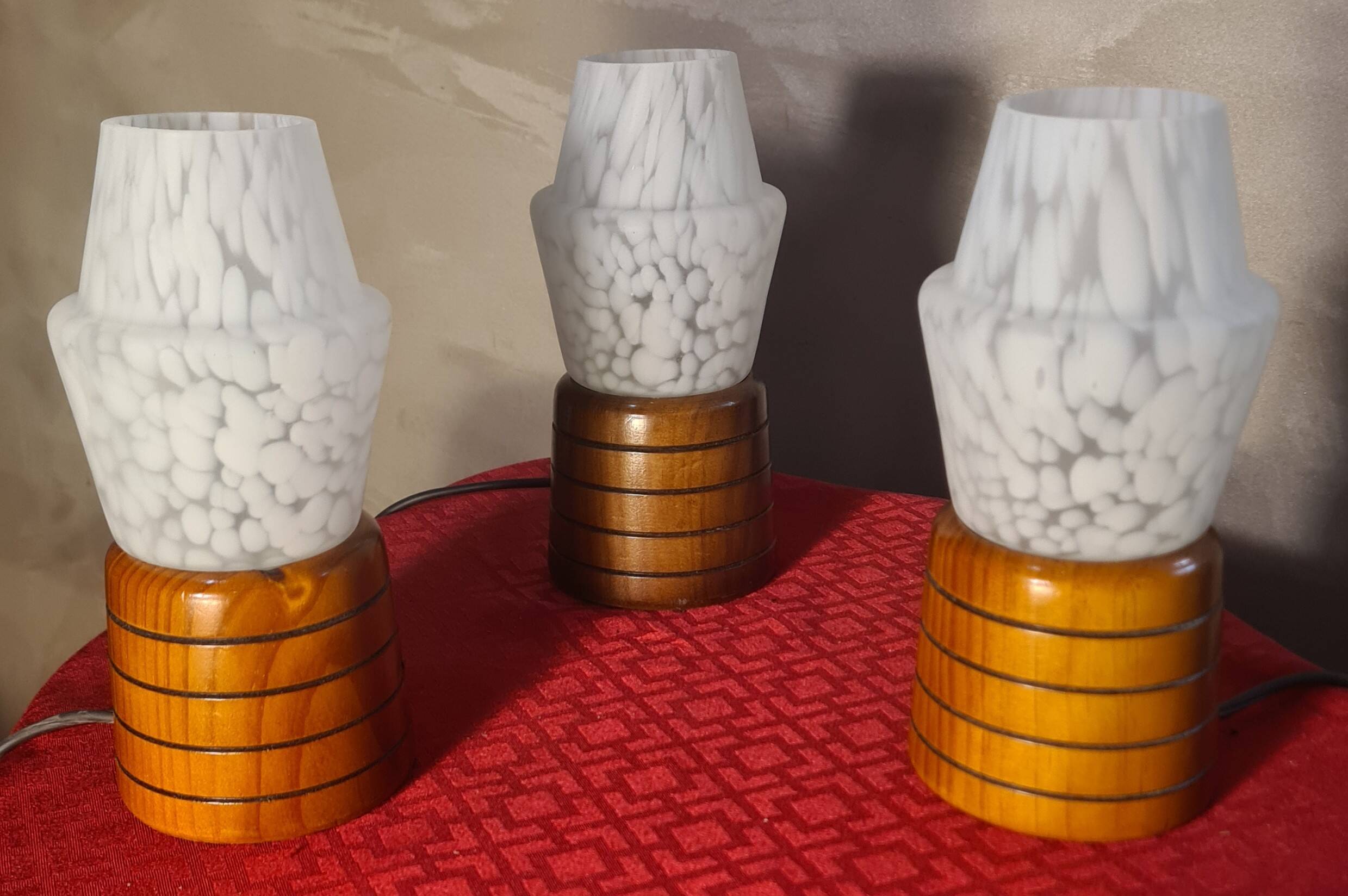 three Scandinavian bedside lamps, turned wood and glass, Clichy 20x9, electric ok