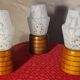 three Scandinavian bedside lamps, turned wood and glass, Clichy 20x9, electric ok