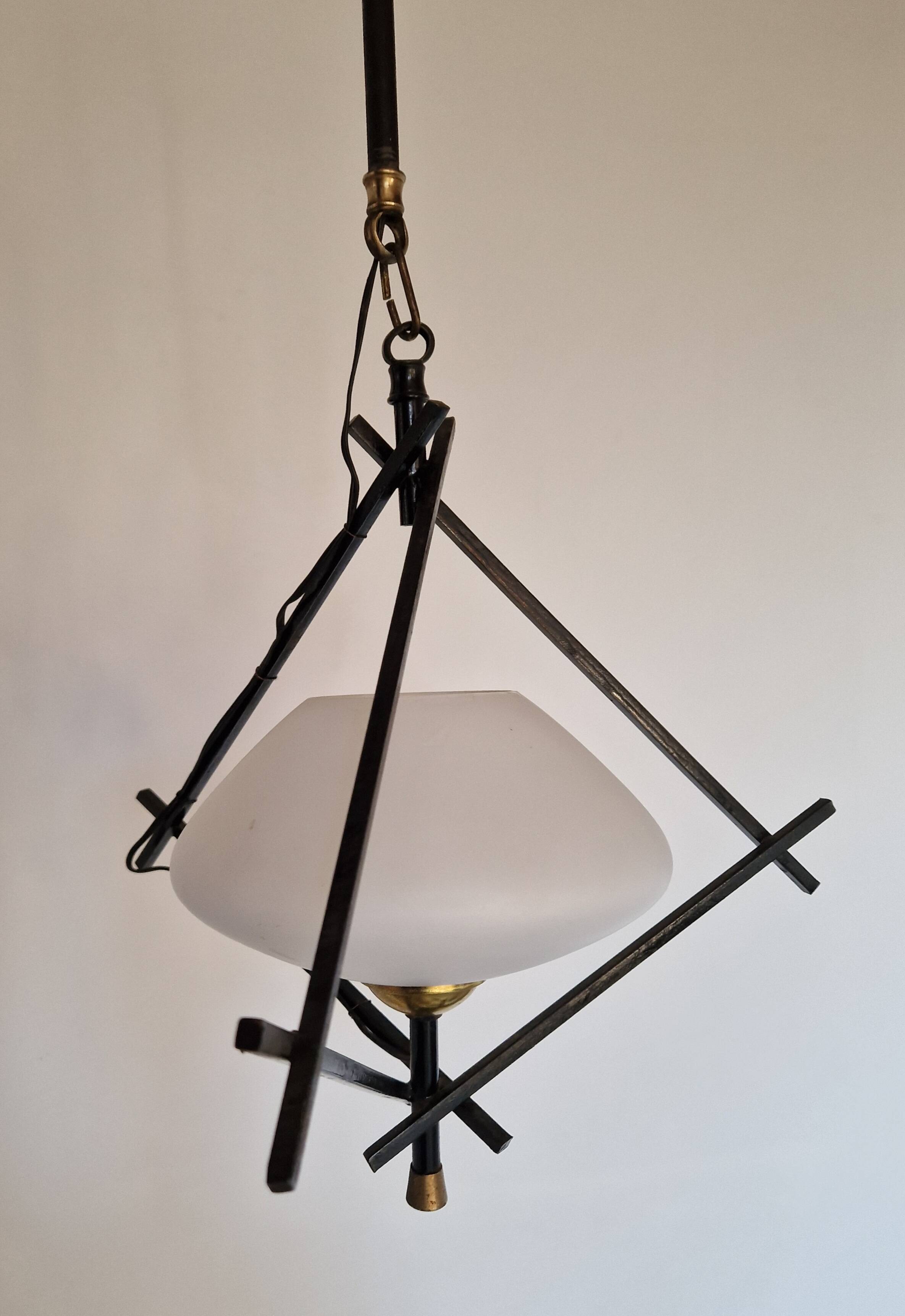 Opaline and metal triangular pendant light from Maison Lunel, 1950