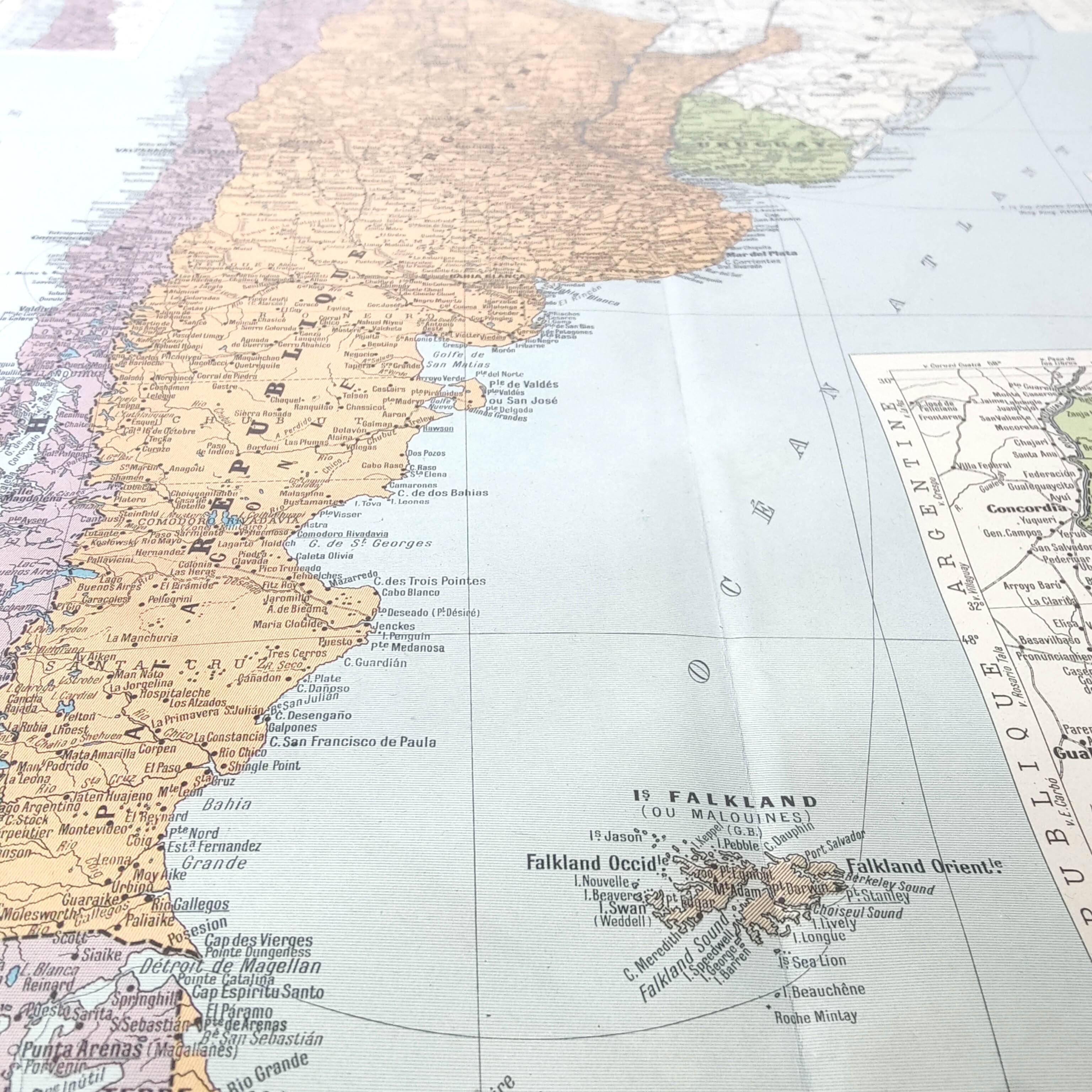 Old map of South America Argentina Chile Uruguay 43x43cm from 1950