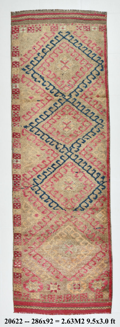 3x9 red & blue herki vintage runner rug 92x286cm