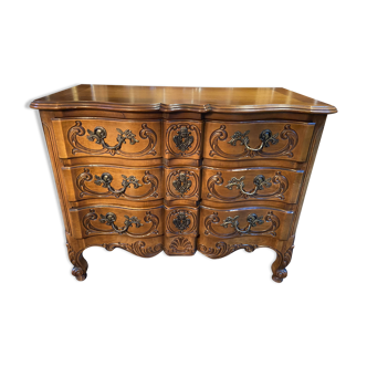 Louis XV style chest of drawers with crossbow front and 3 drawers in solid walnut
