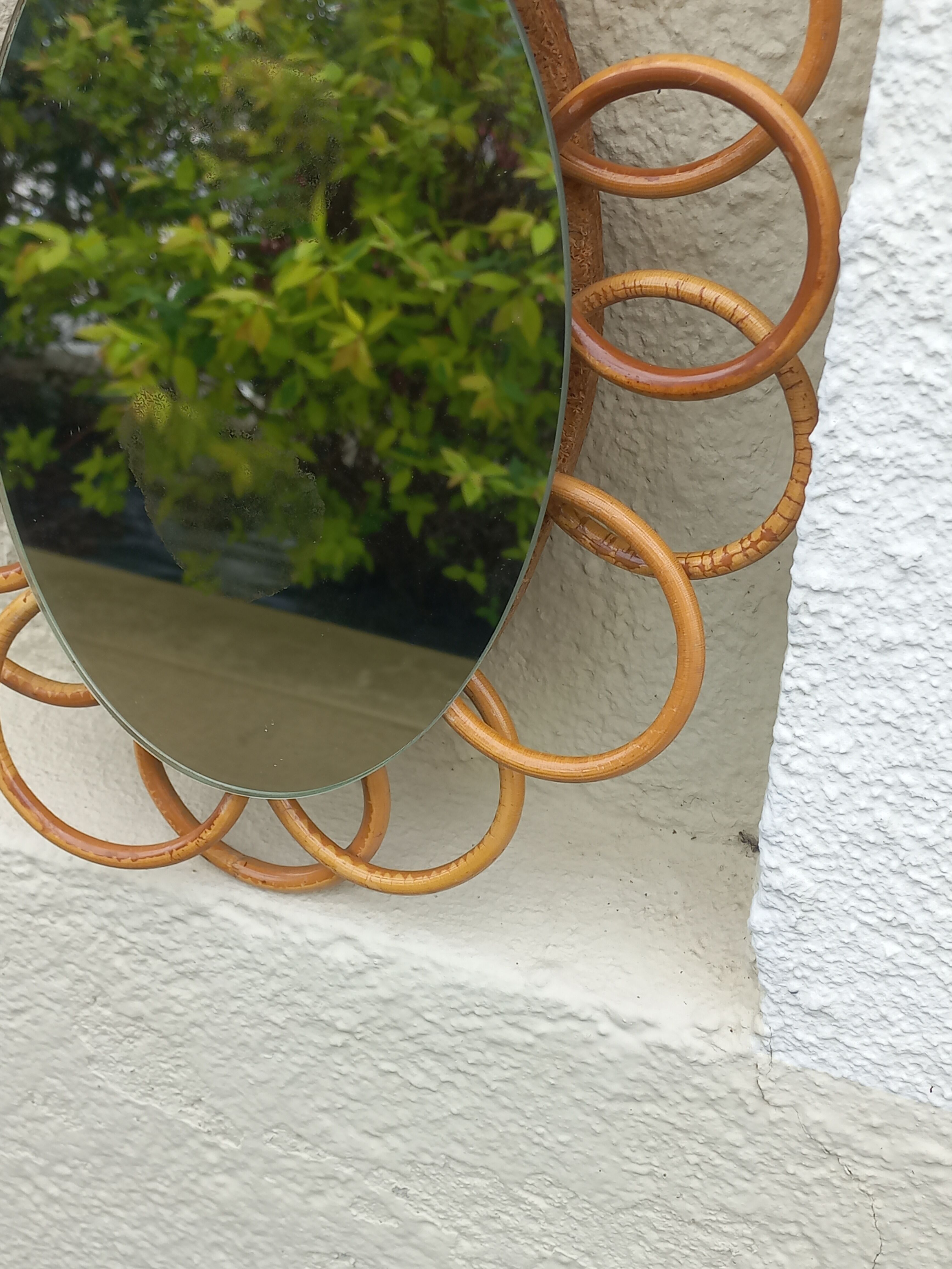 Miroir soleil ovale en rotin des années 70 25x31cm