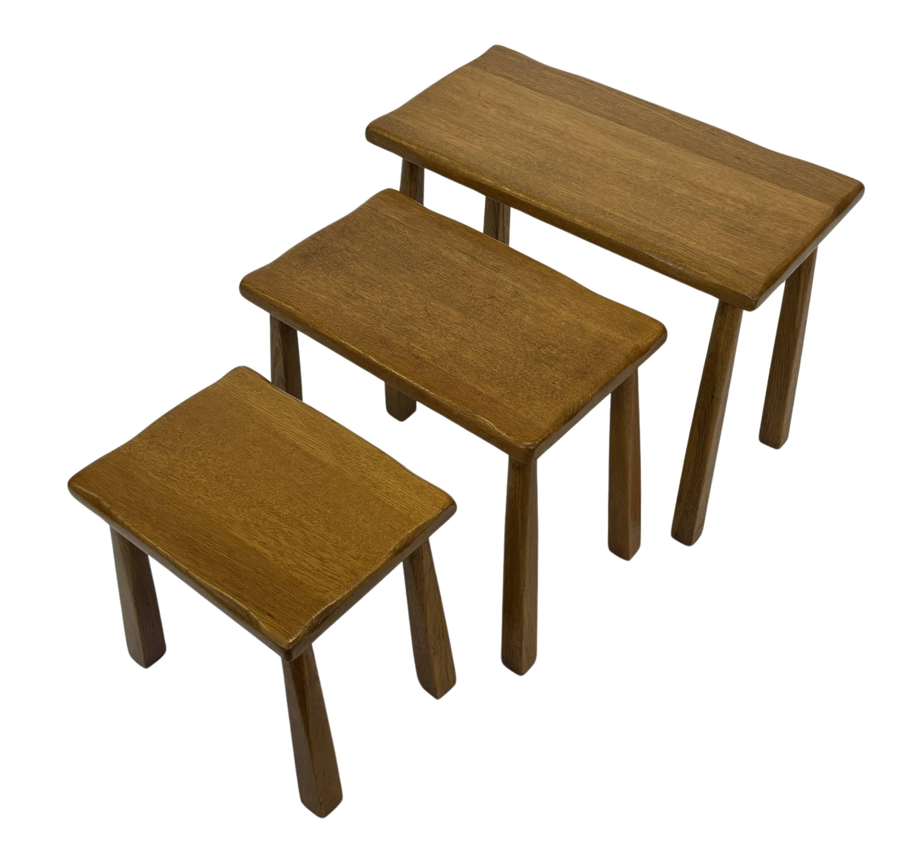 Vintage Set of 3 brutalist oak side or nesting tables 1970s