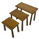 Vintage Set of 3 brutalist oak side or nesting tables 1970s