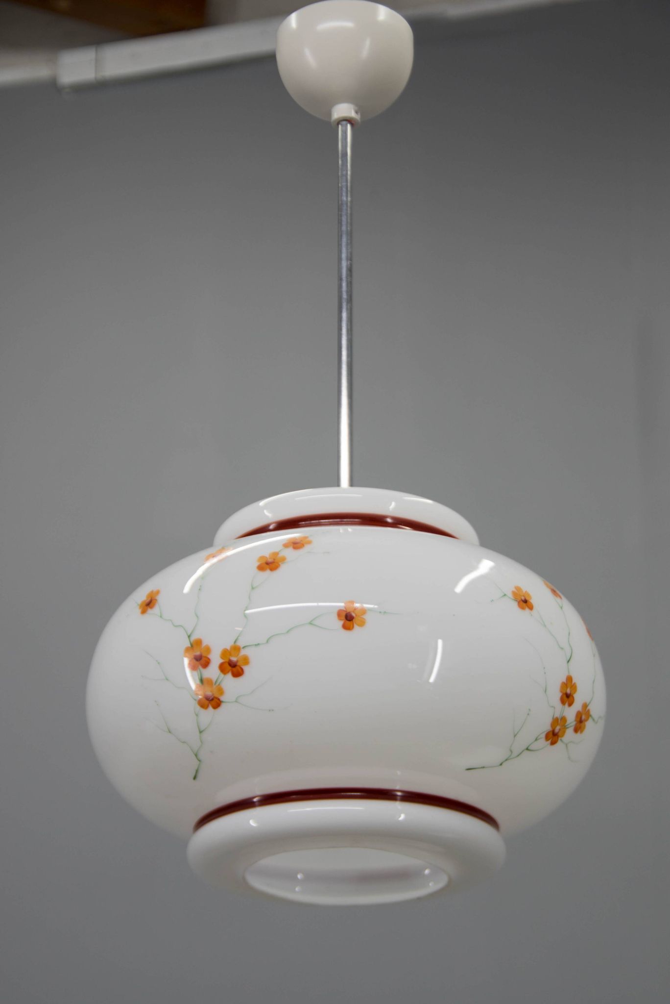 1970s Hand-Painted Milk Glass Pendant Light  Mid-Century Vintage