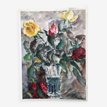 Aquarelle signé godeau : fleurs roses dans vase en verre, figuratif, peinture sur papier sans cadre