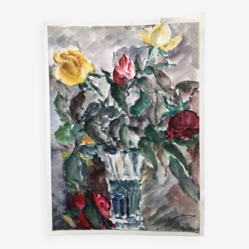 Watercolor signed godeau: pink flowers in glass vase, figurative, painting on paper without frame