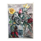 Watercolor signed godeau: pink flowers in glass vase, figurative, painting on paper without frame