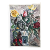 Aquarelle signé godeau : fleurs roses dans vase en verre, figuratif, peinture sur papier sans cadre