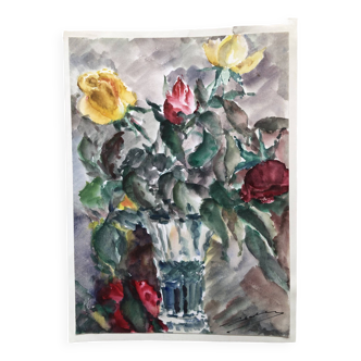 Aquarelle signé godeau : fleurs roses dans vase en verre, figuratif, peinture sur papier sans cadre