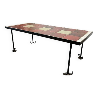 Table basse vintage rouge terracotta / table à carreaux / table basse