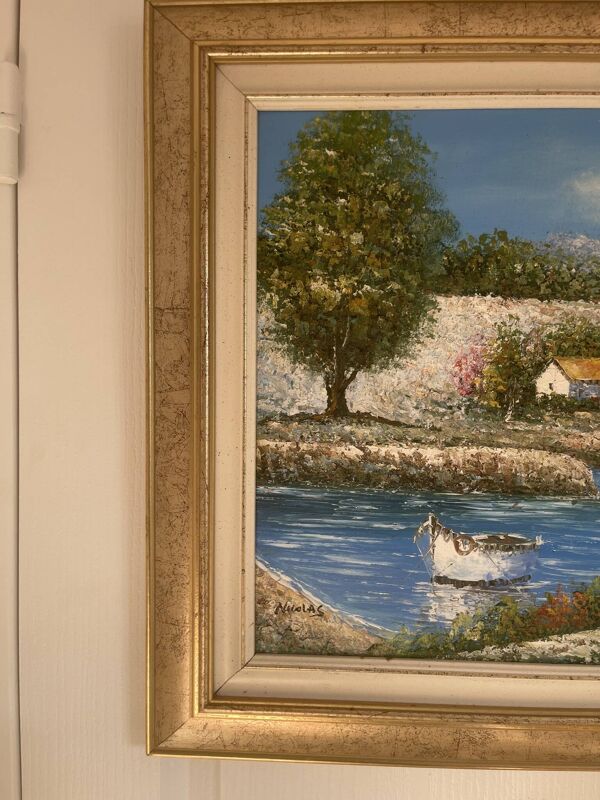 Ancien Tableau Peinture Huile Toile Soleil Bateau Mer Provence Marin 50x40
