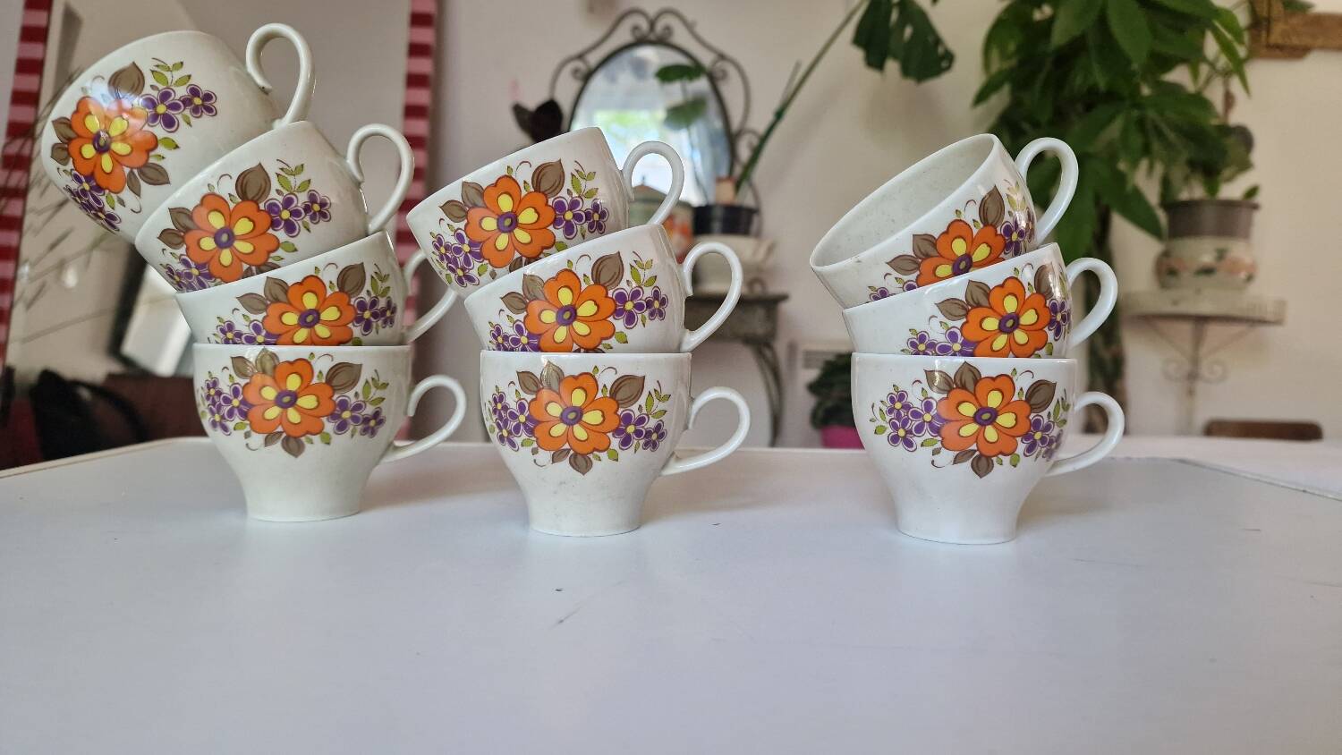 Lot of 10 vintage porcelain cups from Winterling Bavaria with orange flowers from the 70s.