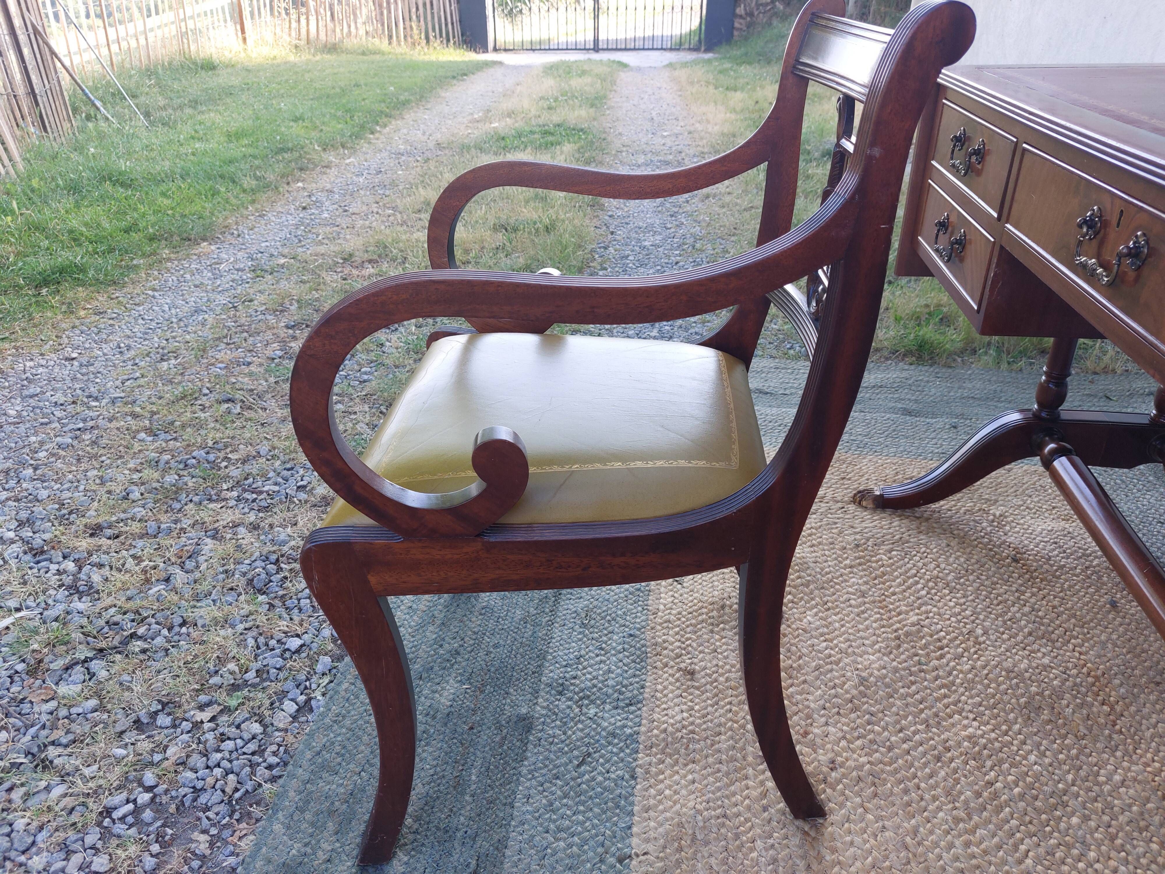 English lion paw desk and lyre armchair, leather, extensions