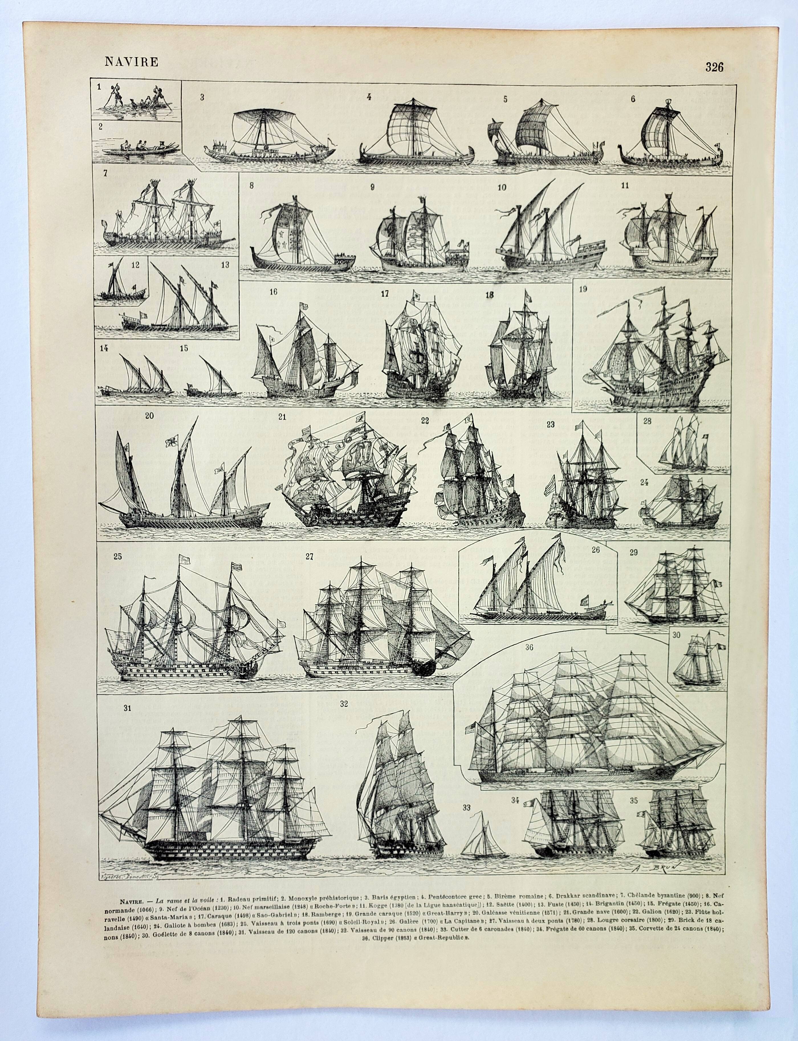 Old engraving 1898, Sailing boat and ship (1) • Lithograph, Original plate