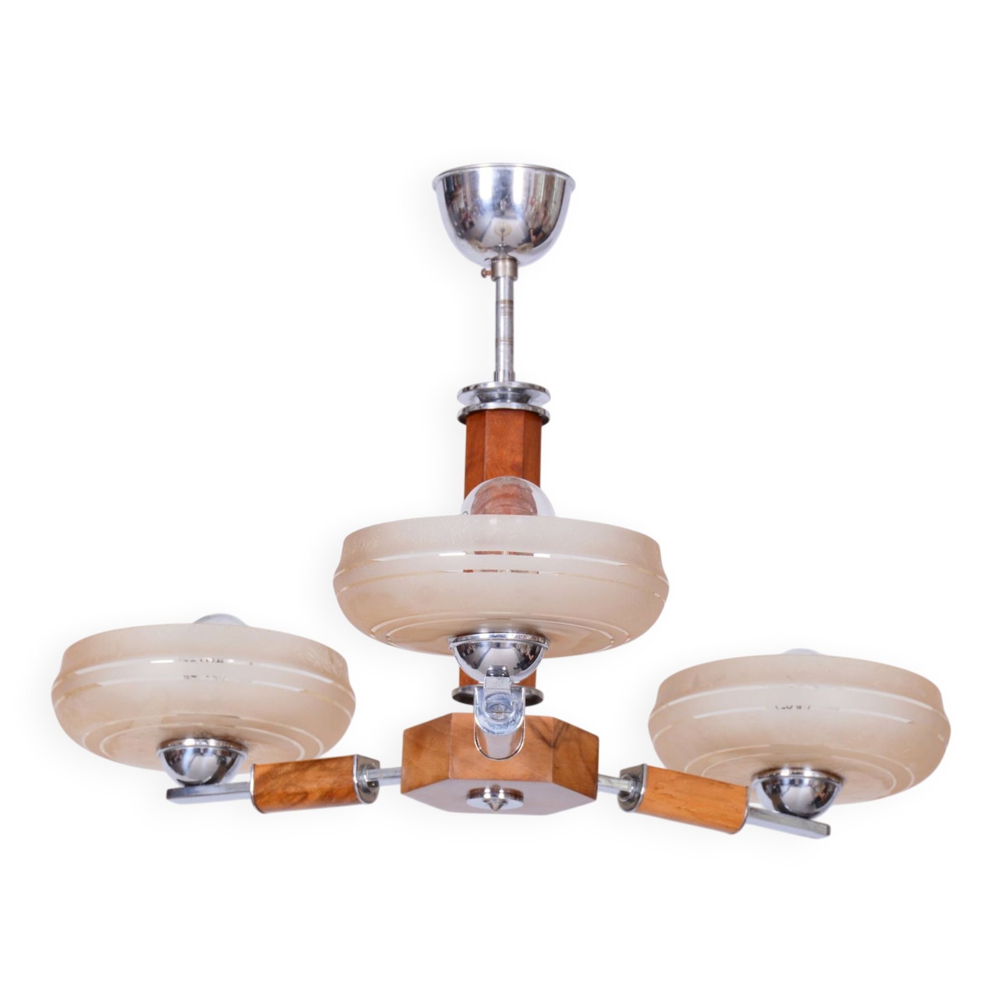 Art Deco Chandelier in Chromed Steel, Walnut and Glass, Czech, 1920s
