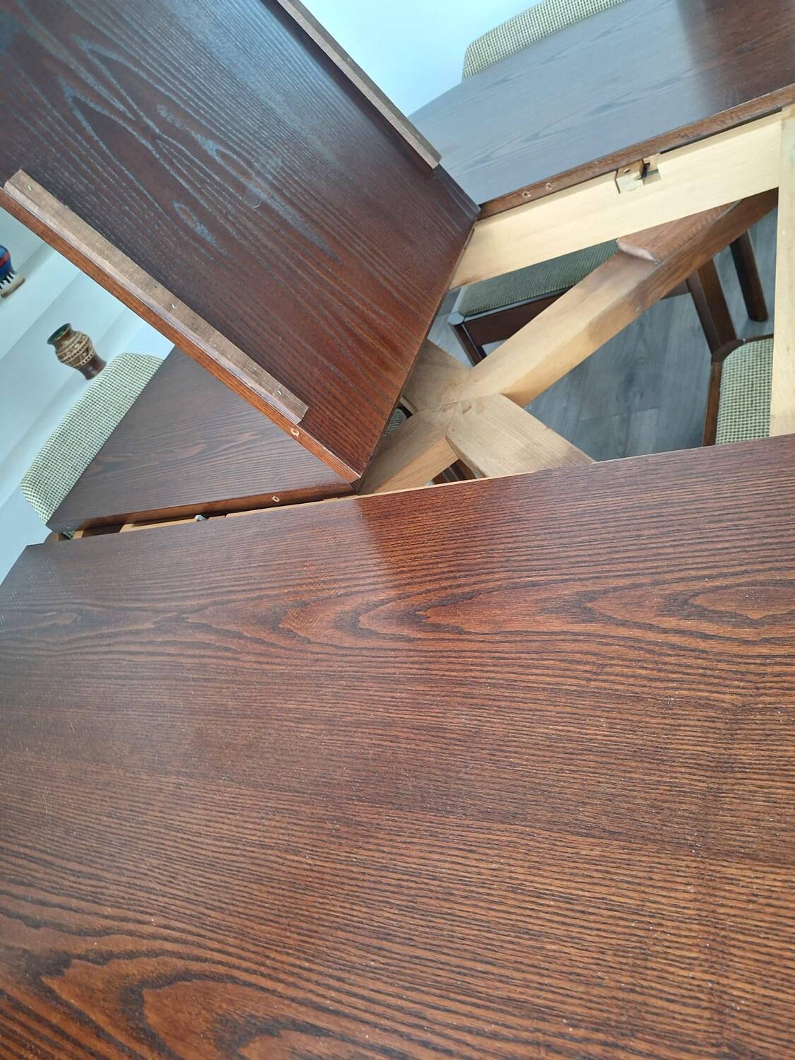 Table and its 6 vintage elm chairs, Scandinavian design furniture.