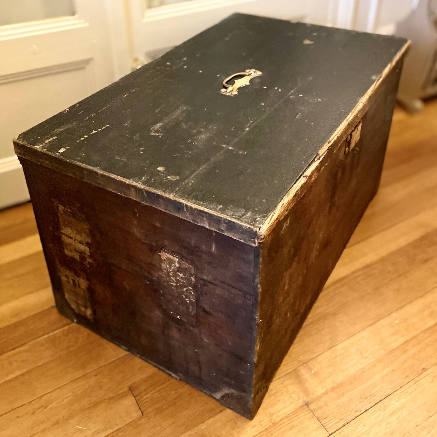 Old wooden trunk chest, vintage flat top