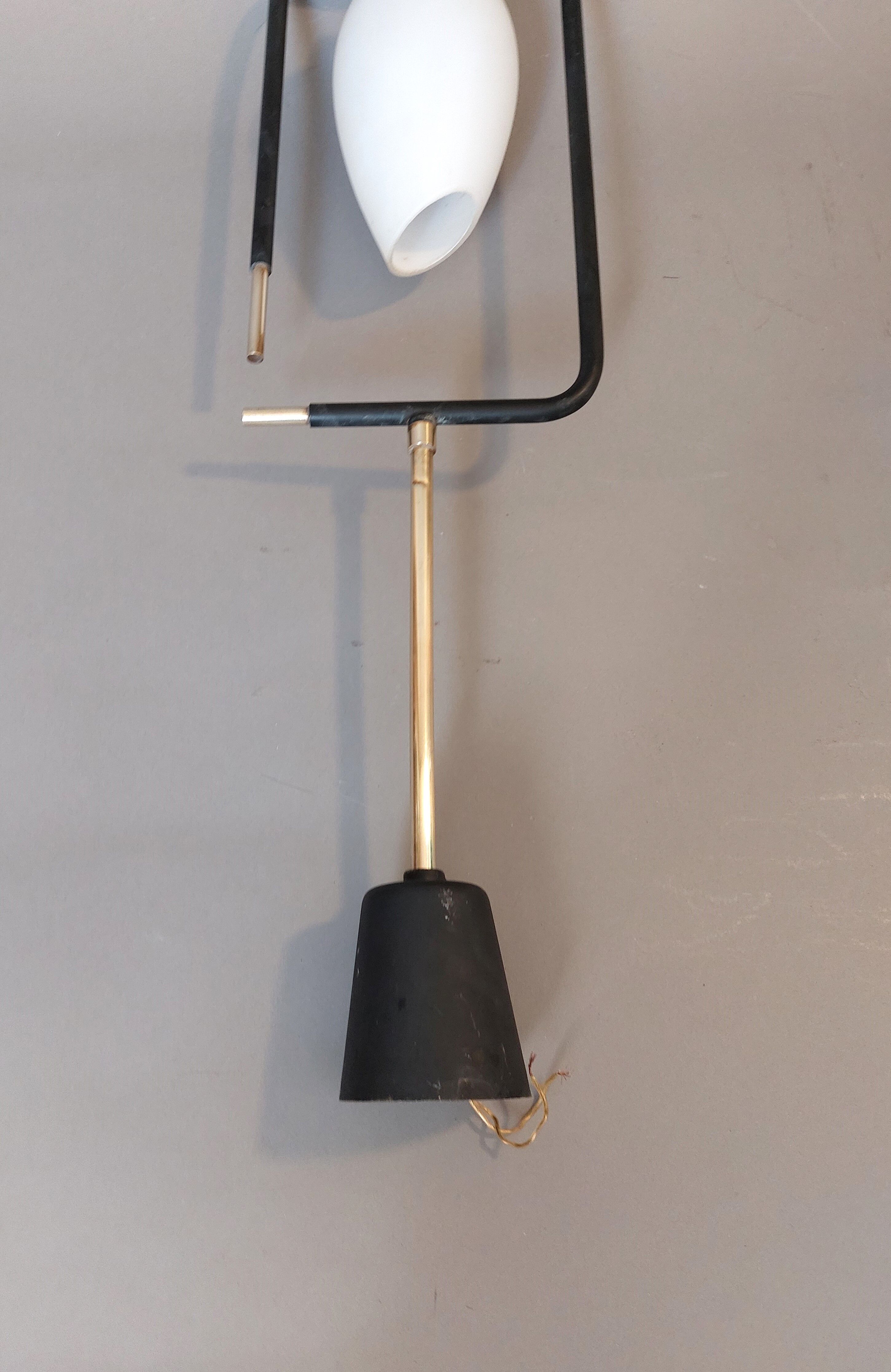 Maison Lunel pendant lamp in black metal, gilded brass and opaline 1960.