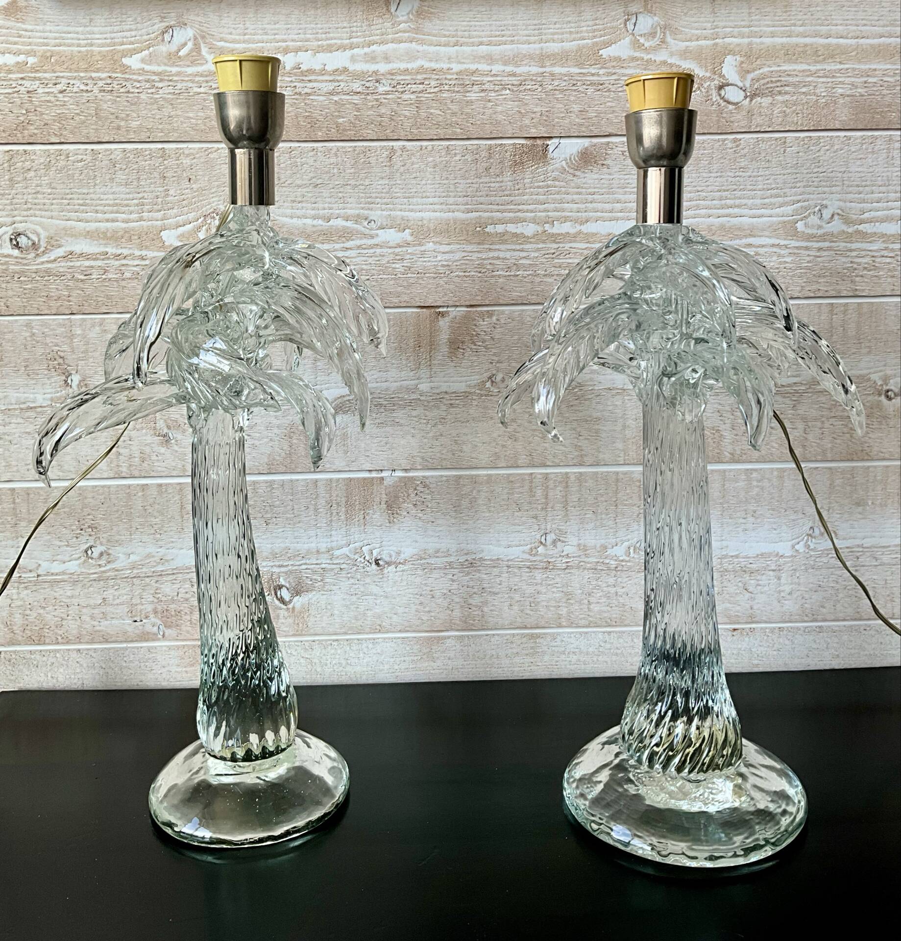 Important pair of Palm tree lamps in solid glass, Italian design ann.