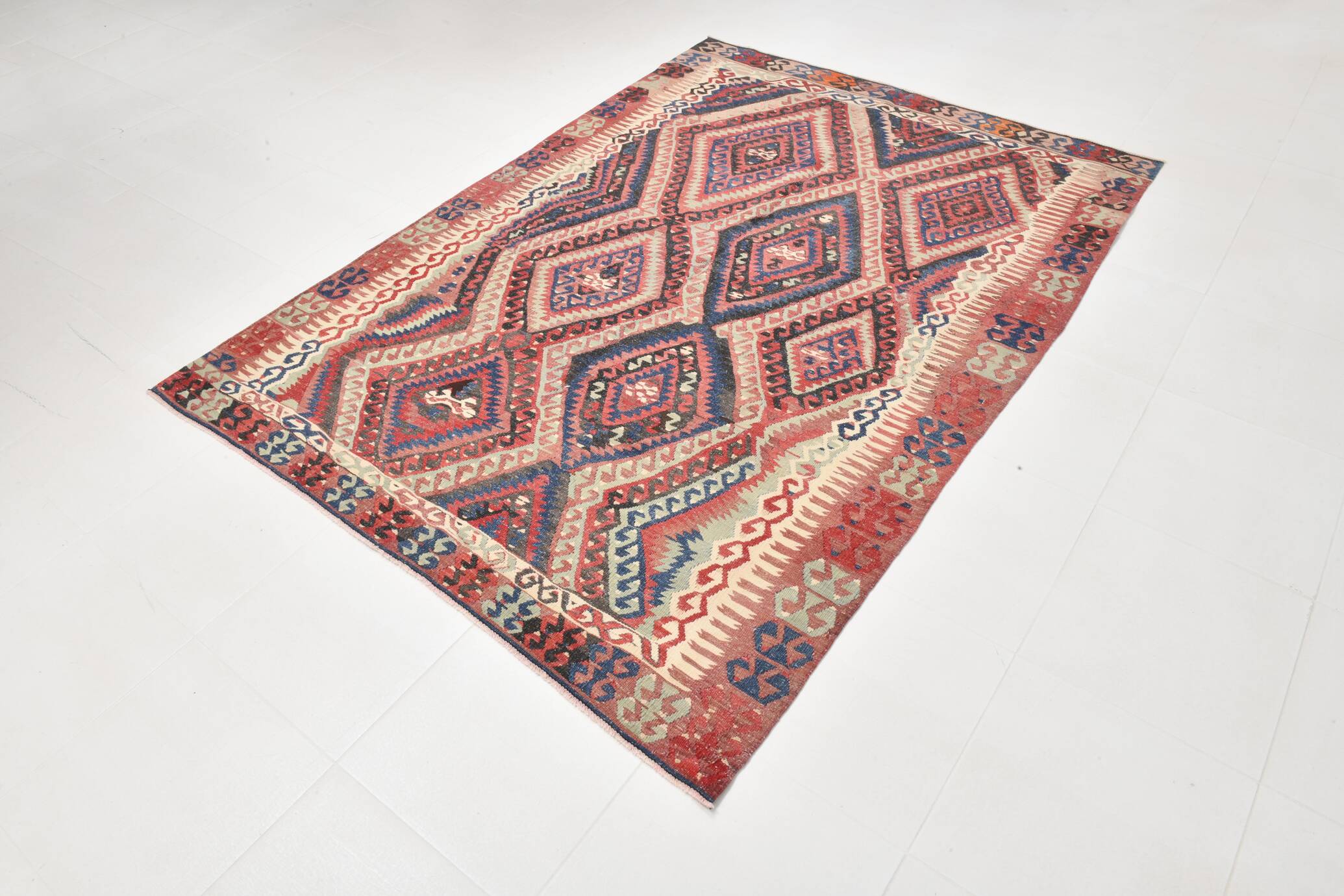 Kilim Ancien Fait Main en Laine Rouge et Bleu,Tapis Plat Vintage,165x231 Cm