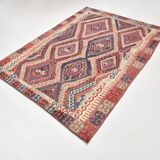 Kilim Ancien Fait Main en Laine Rouge et Bleu,Tapis Plat Vintage,165x231 Cm