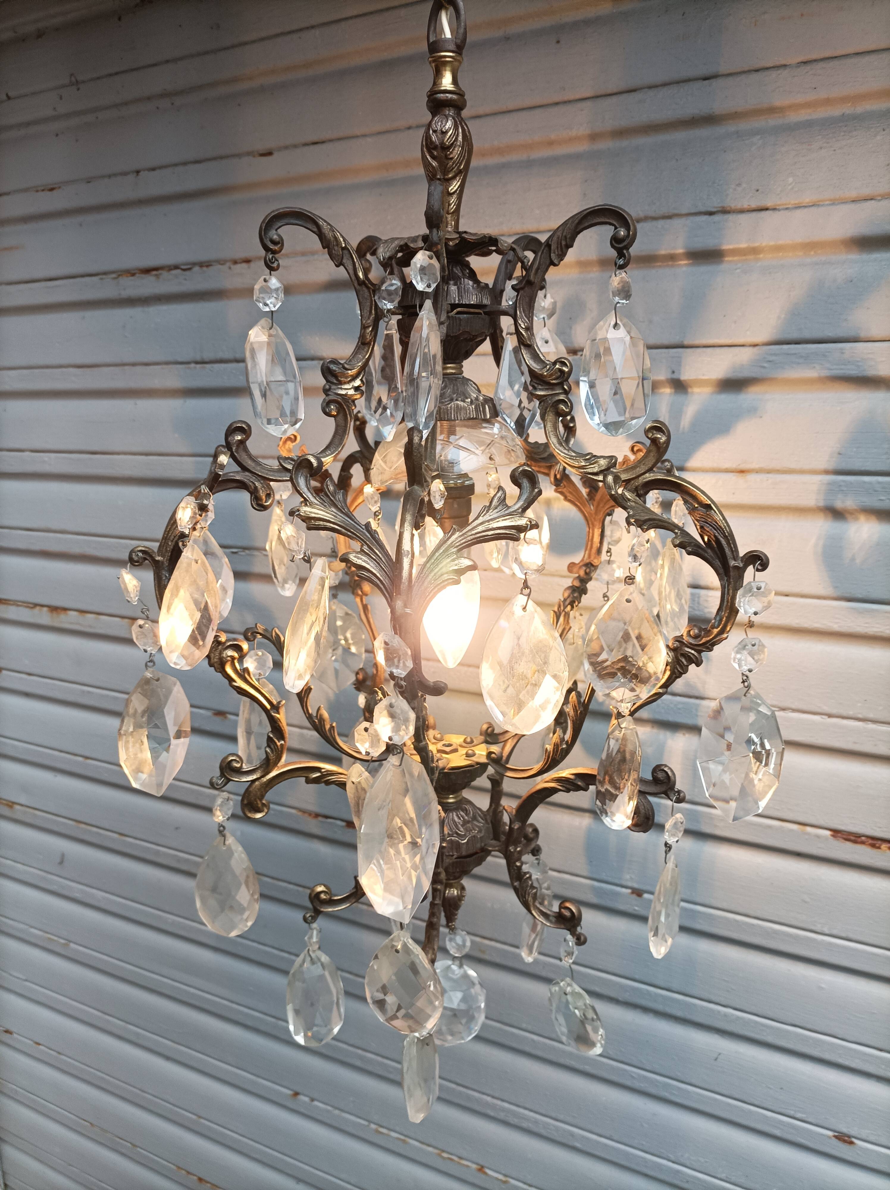 Rare old chandelier / lantern in patinated bronze, Louis XV style / working condition