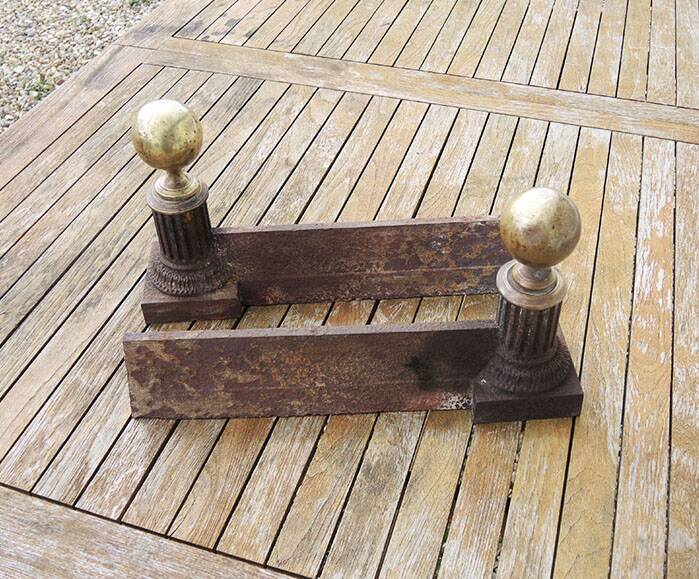 Antique neoclassical cast iron & brass fireplace andirons
