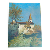 Peinture à l'huile sur toile représentant un aperçu d'une église - XXe sièc