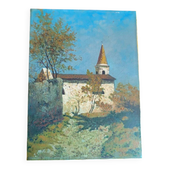 Oil painting on canvas depicting a glimpse of a church - 20th century