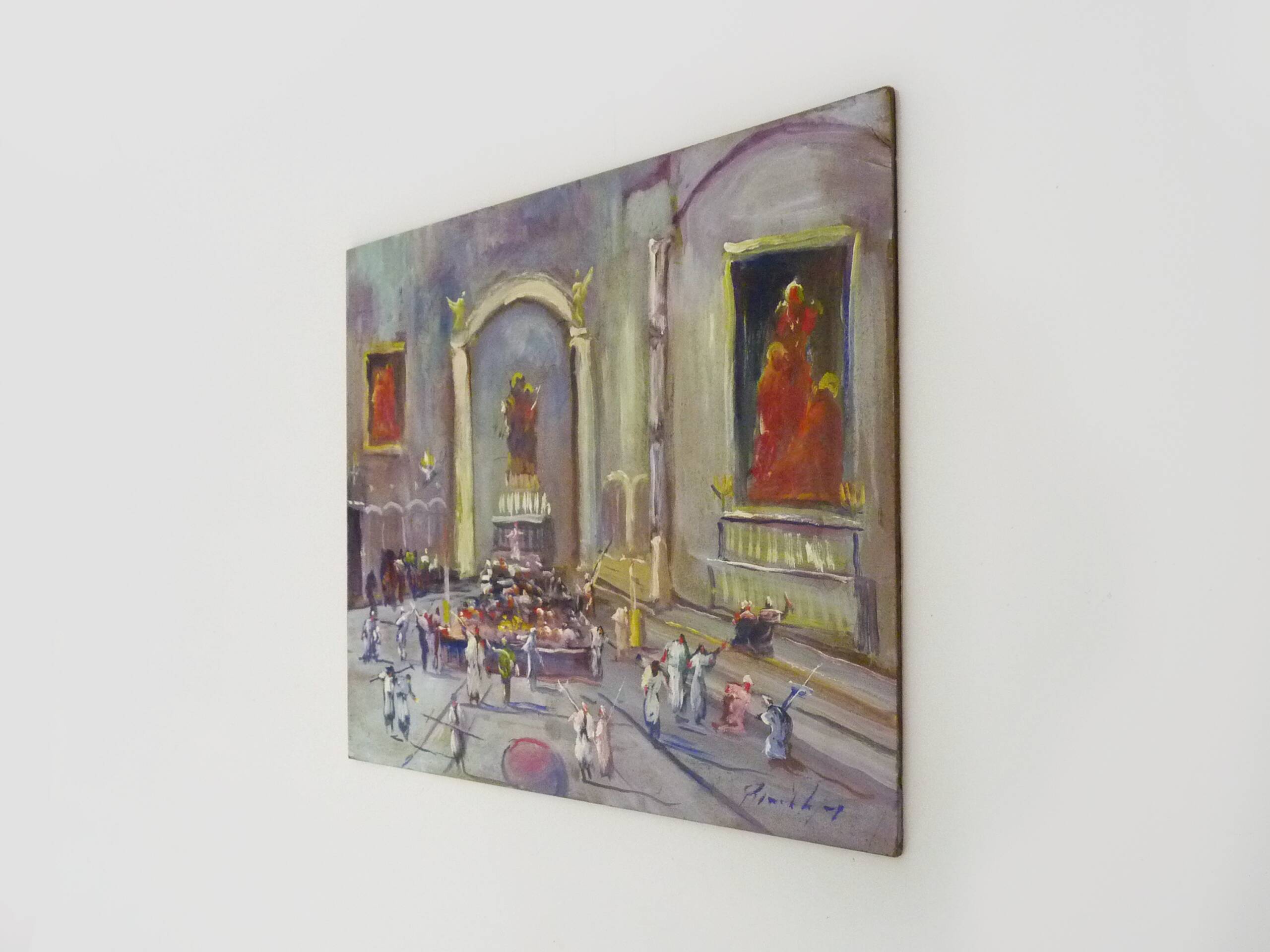 Oil on wood by Riccardo Capone Interior Church 50s 60s