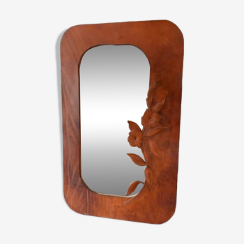 Miroir vintage en cuir marron gravé, fait main, 1970