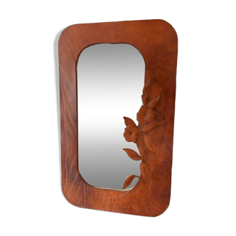 Miroir vintage en cuir marron gravé, fait main, 1970