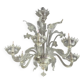 Venetian Chandelier in Colorless Murano Glass, 6 Light Arms Circa 1930