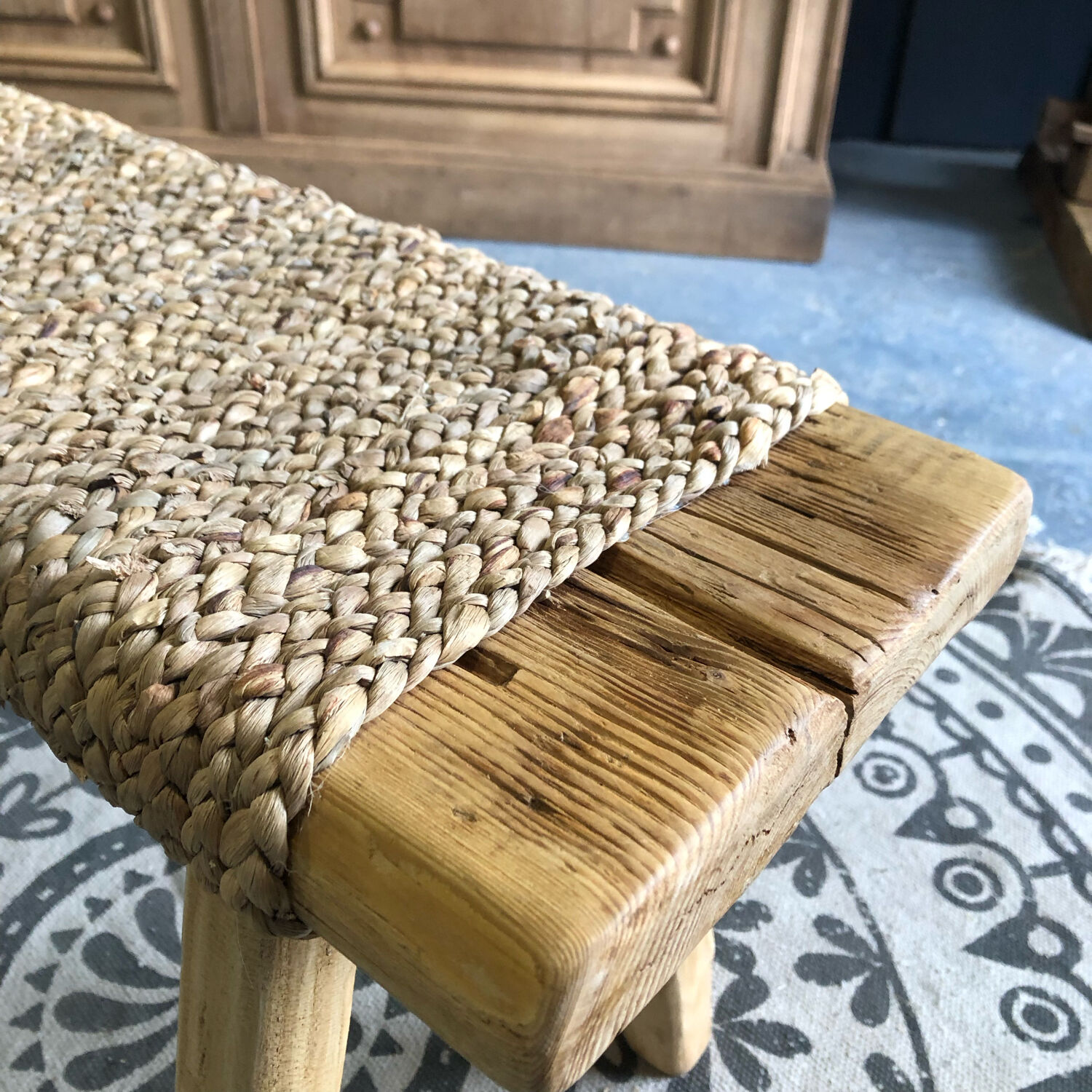 Handmade bench, wood and water hyacinth