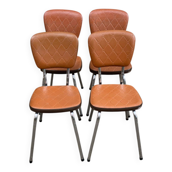 Lot de 4 chaises vintage skaï camel matelassé métal chromé Soudexvinyl 70s