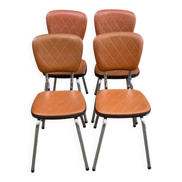 Set of 4 vintage camel faux leather quilted chairs with chrome metal by Soudexvinyl from the 70s.