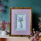 Composition of a watercolor bouquet of lilacs in a handmade clay pot