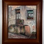 Aquarelle sur papier représentant l'entrée d'une maison début XXe