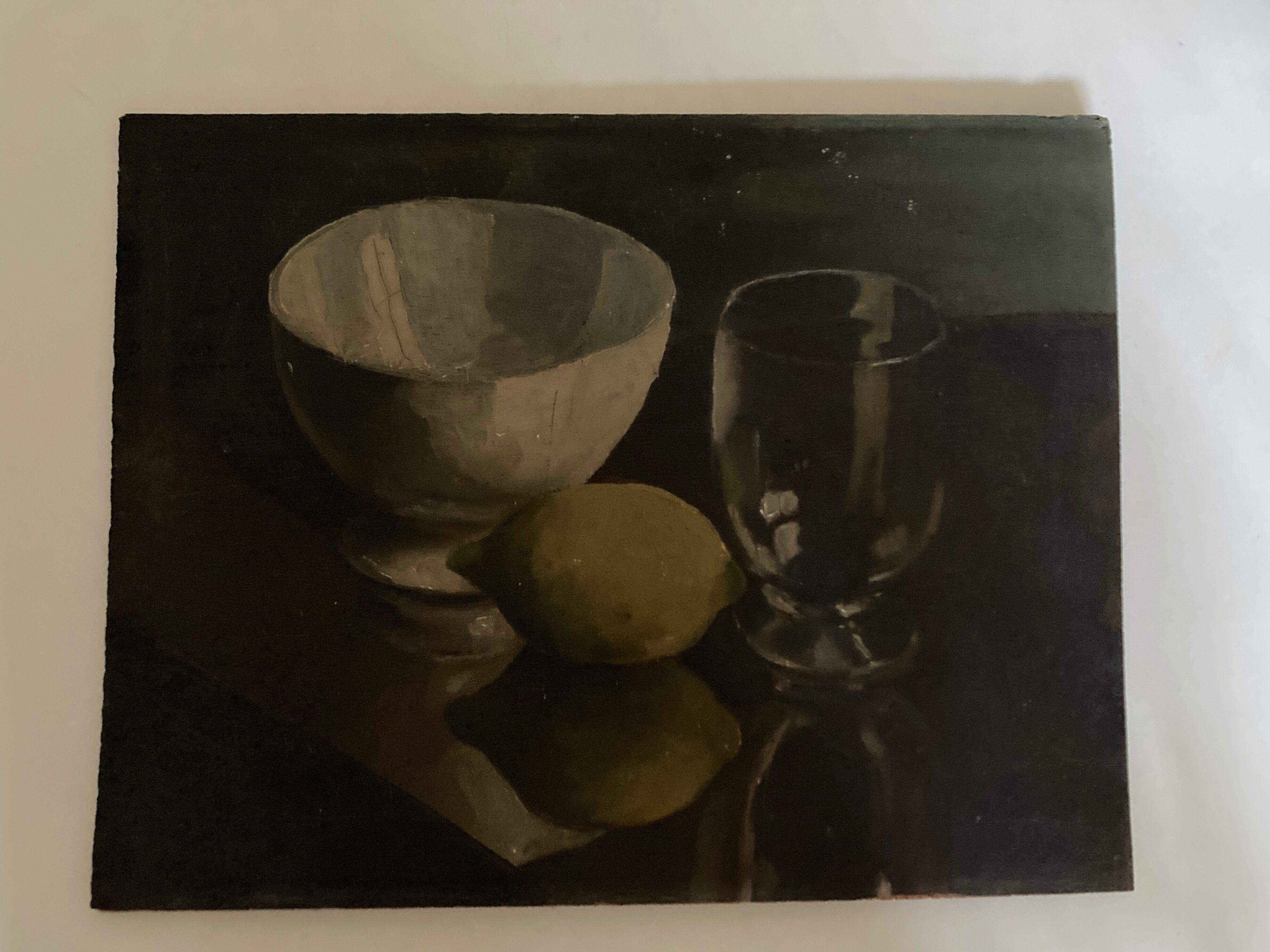 Huile sur bois nature morte au bol au verre et au citron clair obscur 1960