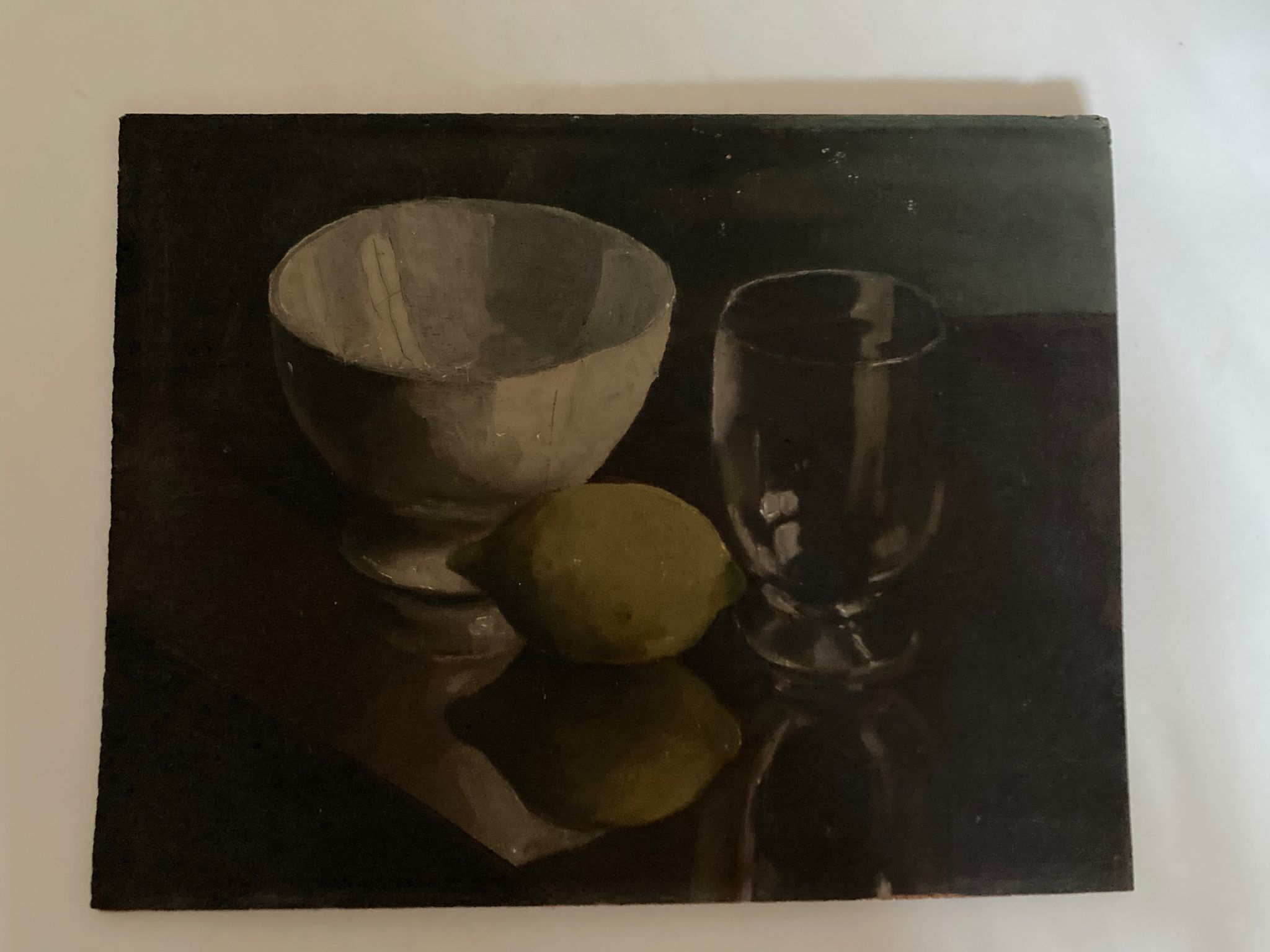 Oil on wood still life with glass bowl and lemon chiaroscuro 1960