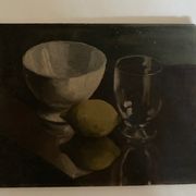 Oil on wood still life with glass bowl and lemon chiaroscuro 1960